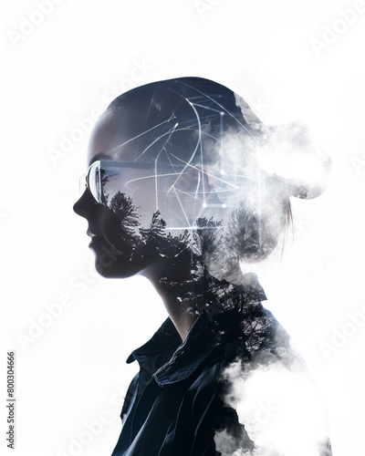 Young college student silhouette, double exposure image style over a technological, science, networking background photo