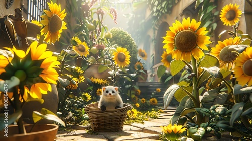 A cute guinea pig sits in a basket in the midst of a sunlit garden full of towering sunflowers. 