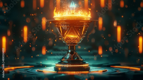Fiery golden trophy on a dark background with dynamic orange light particles.