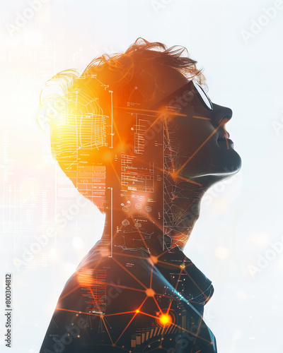 Young student silhouette, double exposure image style over a technological, science, networking background photo