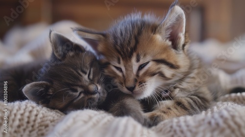 Two kittens snuggling on a knitted blanket. Indoor shot depicting comfort and sibling love