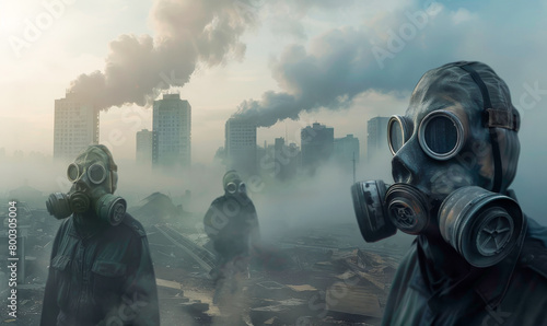 Three men in gas masks in a destroyed city photo