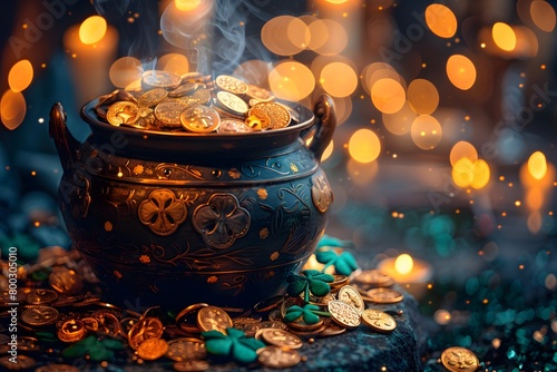 Enchanted Cauldron Overflowing with Gold Coins in Mystical Setting