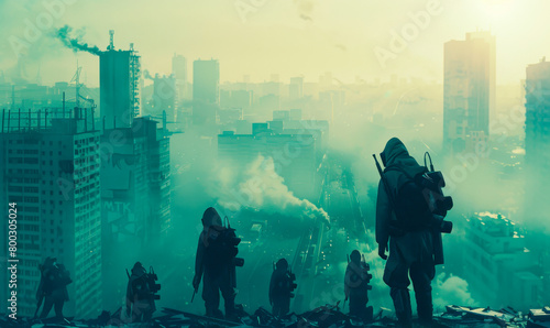 People in gas masks look at their destroyed city from the roof photo
