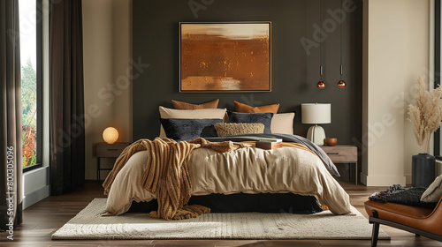 A bedroom with a dark green accent wall, brown furniture, and a tan bed with lots of pillows and blankets. photo
