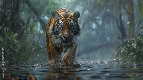 Capture a dramatic wide-angle view of a majestic tiger prowling through a rain-soaked jungle, its stripes glistening in the downpour