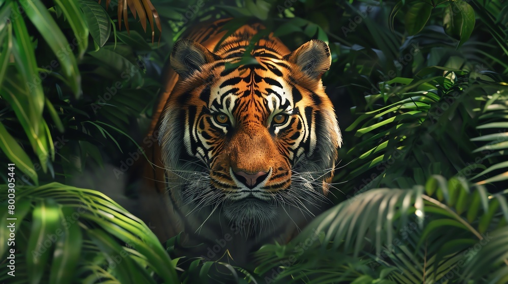 Create a striking birds-eye view illustration of a majestic tiger prowling through a lush jungle setting