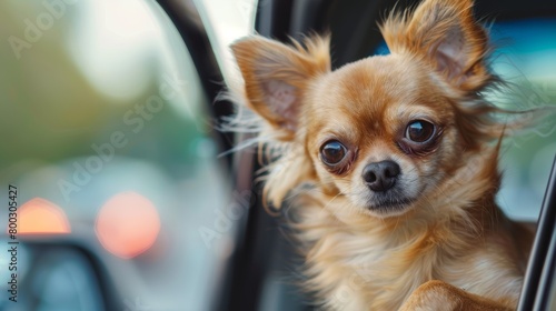Chihuahua peeking out of a car window. Close-up portrait with blurred background. Pet travel and adventure concept.