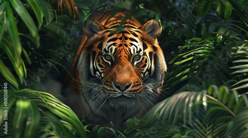 Create a striking birds-eye view illustration of a majestic tiger prowling through a lush jungle setting