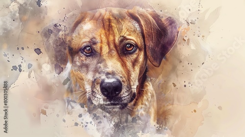 Design a captivating watercolor illustration of a beloved pet dog in a frontal view