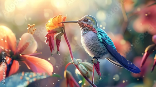 Design a whimsical side profile of a colorful hummingbird perched on a blooming summer flower