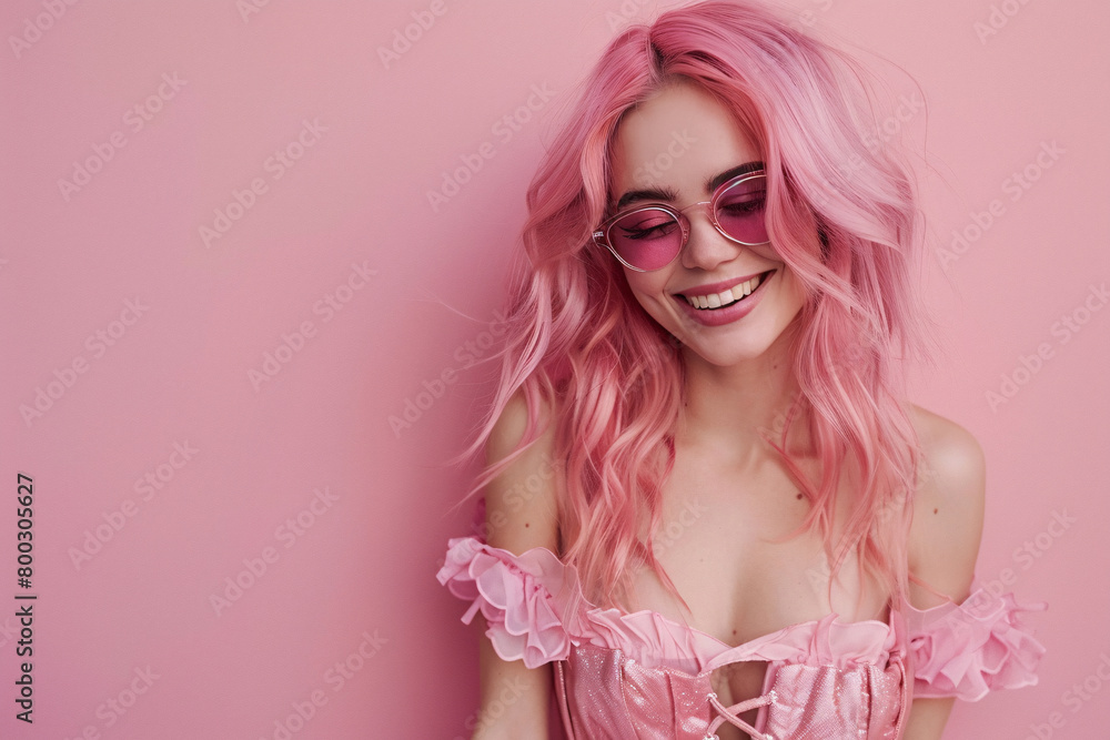 sexy woman with pink hair in pink sunglasses and pink dress over pink background with copy space