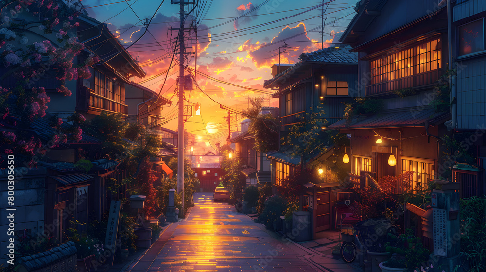 A beautiful Japanese Tokyo city town in the evening with cozy lofi Asian architecture, depicted in an anime cartoonish artstyle.