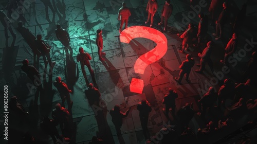 Join forces with me to design an image showing a shadowy crowd gathering around a glowing red question mark