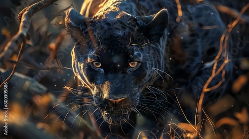 Produce a stunning digital painting of a majestic panther, capturing its intense gaze and sleek fur Utilize CG 3D techniques to bring out its powerful presence © Navaporn