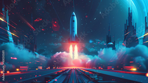 A rocket ship launching from a launch pad into space with a blue and red background.