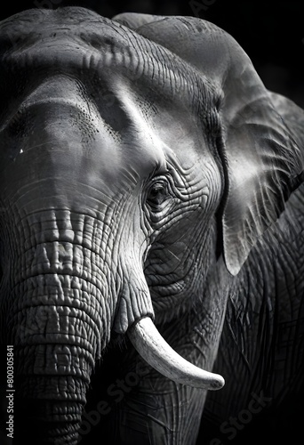 Close-up black and white portrait of an adult African elephant  showing the intricate texture and wrinkles of its skin