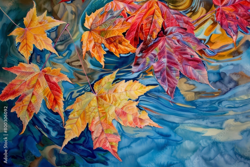 Maple leaves flutter in the autumn breeze, their fiery colors a warm embrace against the cool air, bright water color