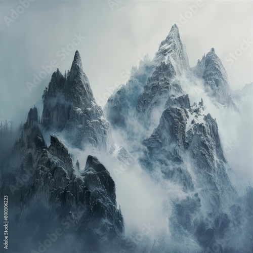 Misty atmosphere shrouding towering peaks covered in snow
