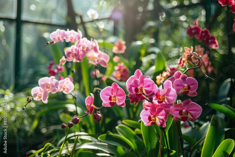 Orchids bloom in secret, their exotic beauty hidden within the shadows of a lush greenhouse, bright water color Orchids bloom in secret, their exotic beauty hidden within the shadows of a lush greenhouse, bright water color