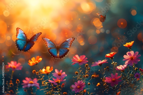 Vivid Sunset Butterflies Fluttering Over Blossoming Orange Flowers