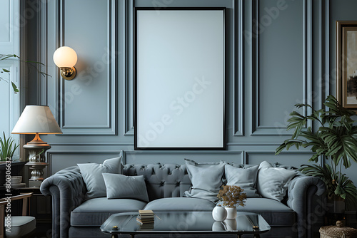 minimalist style livingroom apartement space morningday with bluesoft walls,green plants, grey cozy sofa with Interior Mockup with one white photo frame in the background photo