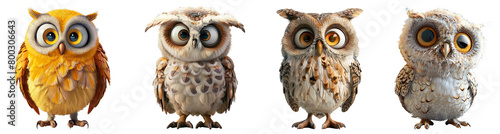 Set of 3D cute happy cartoon owl, isolated on white background, png