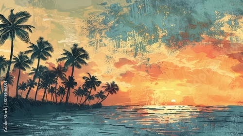 Palm trees sway lazily by the seaside  their silhouettes etching a tropical rhythm against the sunset  kawaii water color