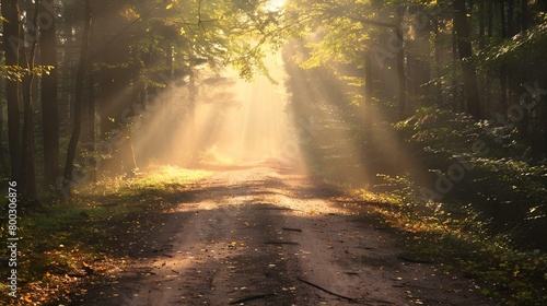 AI generated illustration of the sunlight illuminating a forest path © Wirestock
