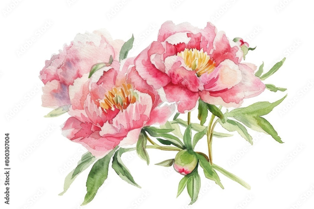 Watercolor painting of pink peonies on a white canvas Watercolor painting of pink peonies on a white canvas