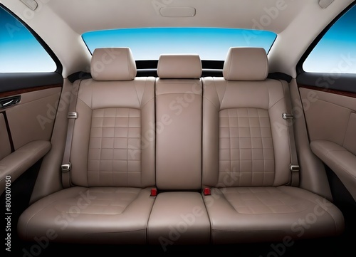 A car interior with a leather upholstered backseat