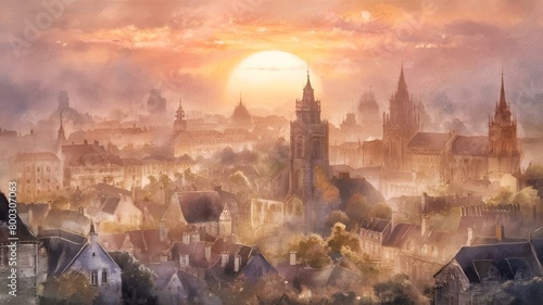 AI generated illustration of an oil painting of an old European town at sunset