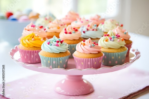 AI-generated illustration of a variety of colorful cupcakes on a tray