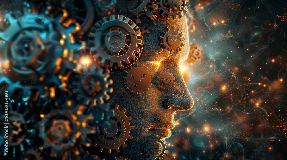 Thoughtful Face Amidst Gears of Goals and Aspirations Thoughtful Face Amidst Gears of Goals and Aspirations