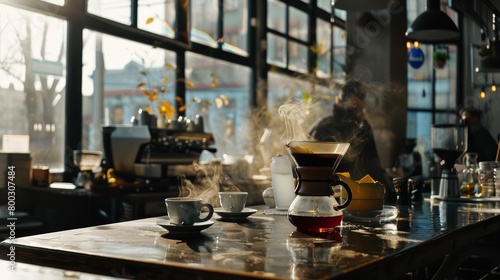 The aroma of freshly brewed coffee wafts through the cafe, inviting passersby to pause and savor a moment of warmth and flavor, background concept photo