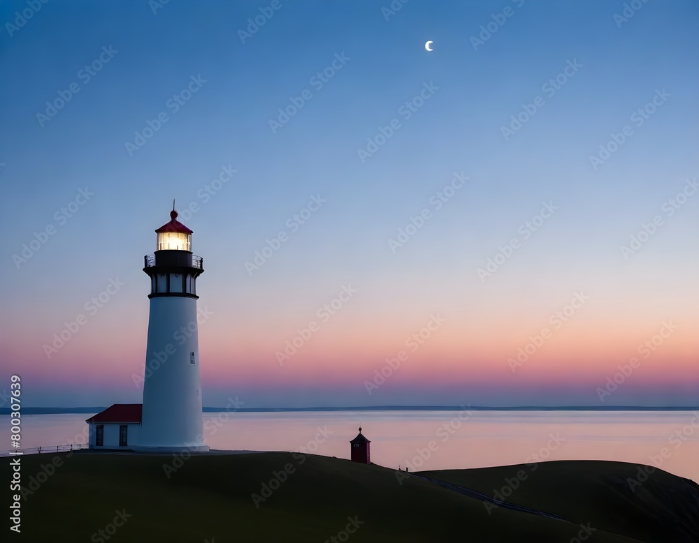 A lighthouse on a hill overlooking a calm body of water at sunset, with a crescent moon in the sky