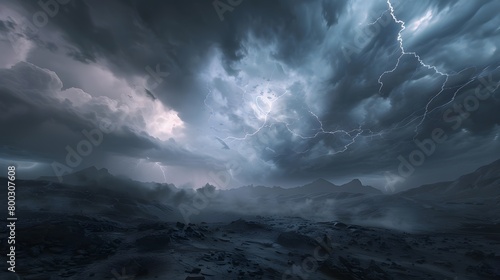 Landscape of lightning flashes and rain falling in a dry and gloomy area.