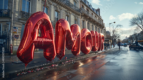 photorealistic image of the word "AMOUR" spelled out in giant red inflatable letters