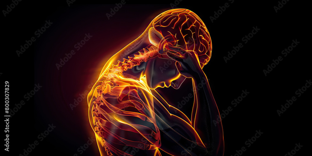 Meningitis: The Severe Headache and Neck Stiffness - Imagine a person holding their head and neck in pain, with a highlighted brain and spinal cord Meningitis: The Severe Headache and Neck Stiffness - Imagine a person holding their head and neck in pain, with a highlighted brain and spinal cord