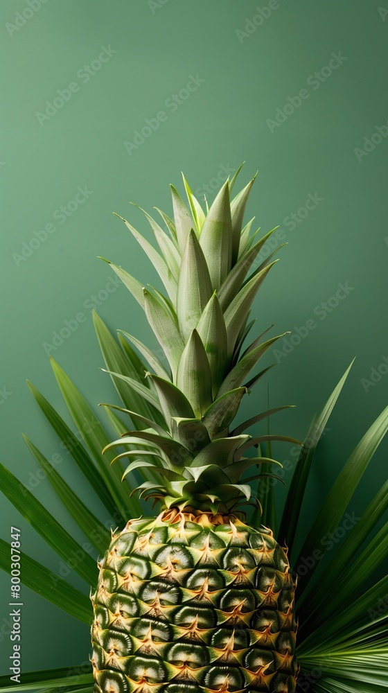 Fototapeta premium fresh ripe pineapple against green background with palm leaves framing it vertical layout