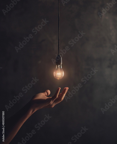 A conceptual photo of a hand reaches for a glowing light bulb hanging in the air against a dark background. 