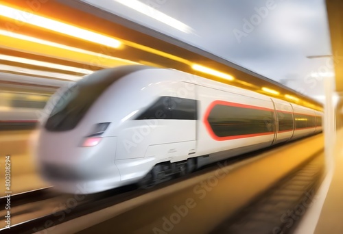 A high-speed train traveling at a fast speed on a railway track, with blurred motion in the background