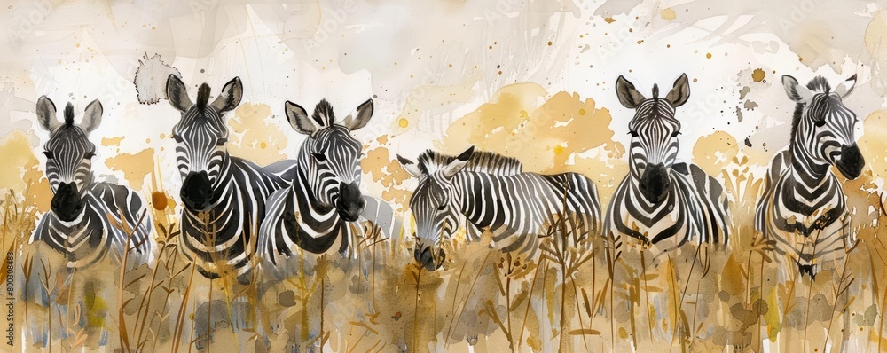Obraz premium Zebras graze in unison, their stripes a mesmerizing pattern against the backdrop of tall grasses, kawaii water color