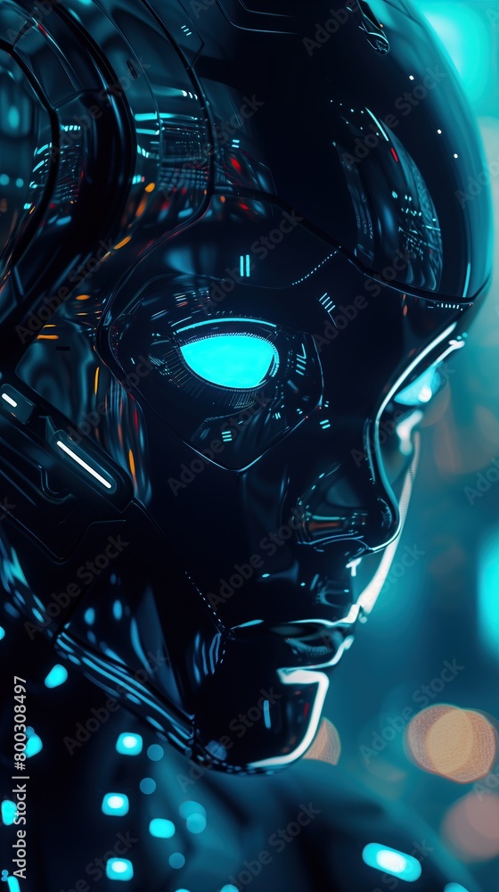 futuristic robot head with glowing blue eyes and intricate details concept of AI data science futuristic robot head with glowing blue eyes and intricate details concept of AI data science