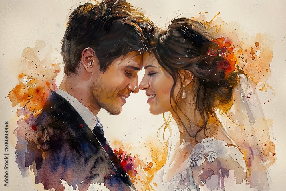 Happy couple getting married, watercolor painting. Romantic wedding illustration, vivid color.