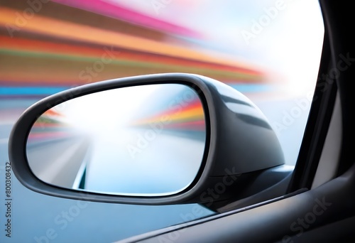 A side view mirror of a car with a blurred, colorful background, suggesting high speed motion © nizar