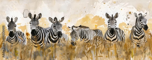 Zebras graze in unison  their stripes a mesmerizing pattern against the backdrop of tall grasses  kawaii water color