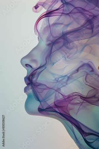 side profile of a person face with colorful smoke swirling around it creating an ethereal effect photo