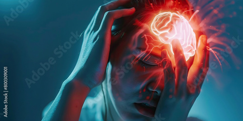 Brain Aneurysm: The Sudden, Severe Headache and Nausea - Visualize a person clutching their head with a look of agony, with a balloon-like bulge in a brain artery, indicating the sudden photo