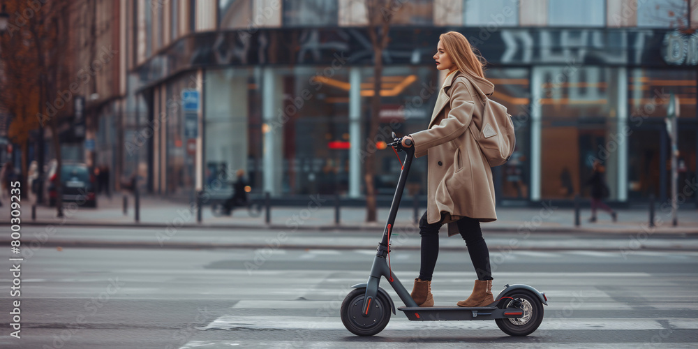 young woman riding electric scooter